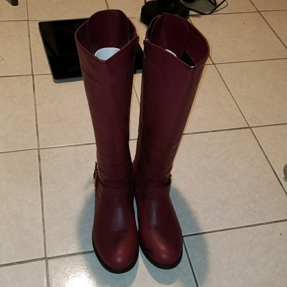 Tall red and rose gold lace up knee high boots